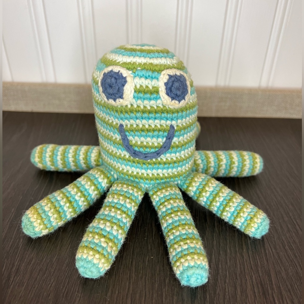 Pebble Handmade Octopus Baby Rattle Blue Green Striped
